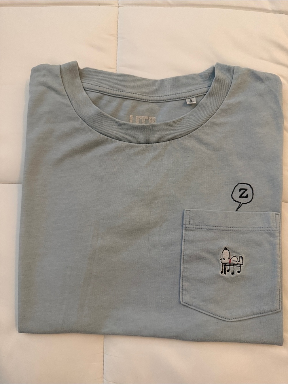 Uniqlo Light Blue Short Sleeve Pocket Tee with Snoopy Embroidery